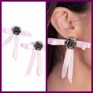 Pink Ribbon Flower Pierced Earrings